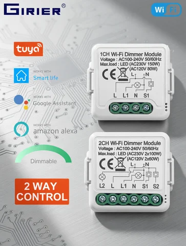 GIRIER Tuya Wifi Smart Dimmer Switch Module 10A Support 2 Way Control Dimmable Light Switch 1 2 Gang Work with Alexa Google Home