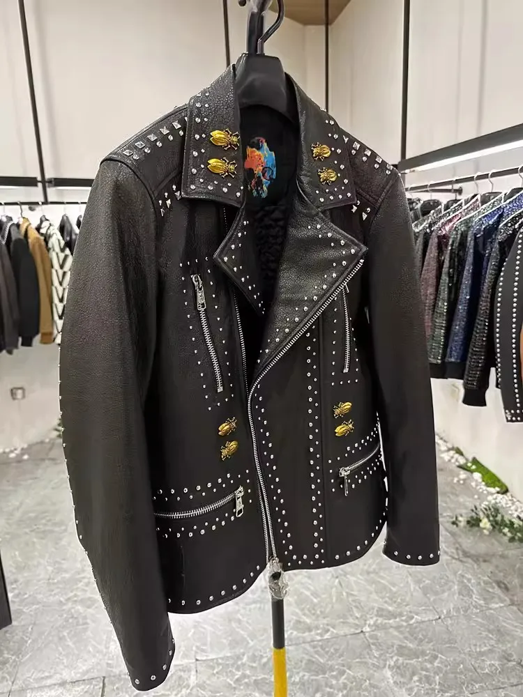 Luxury Mens Designer Rivets Genuine Leather Jacket Punk Style Coat Slim Fit Natural Leather Motorcycle Autumn Jacket Outerwear