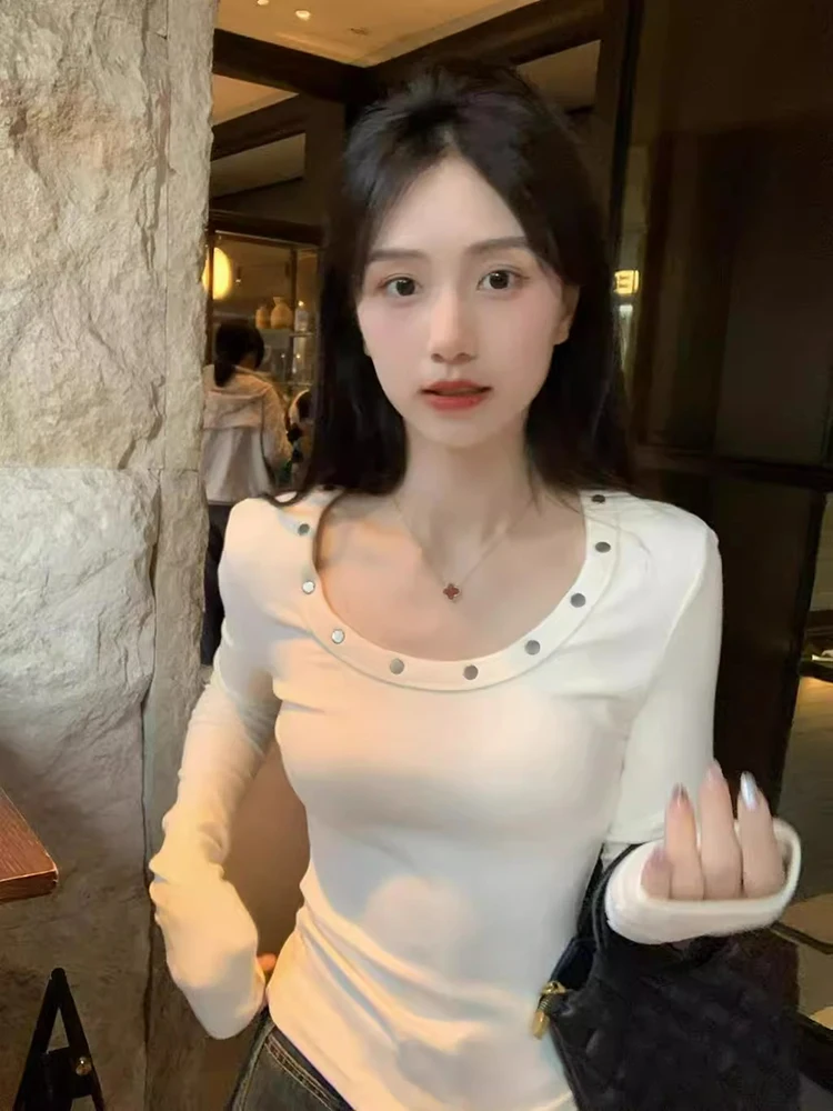 Pure Desire Spicy Girl U-Neck Long Sleeve White T-Shirt Women's Autumn Winter New Inner Wear Base Shirt Design Sensation Smal...