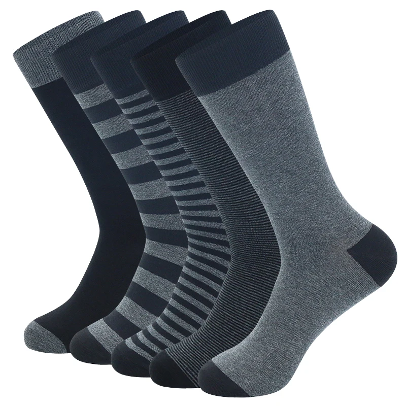 Calcetines de algodón puro a rayas para hombre, medias de vestir a la moda, de alta calidad, color negro y gris, talla EU41-48, 5 pares