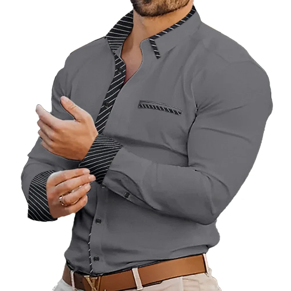 For Business Mens Long Sleeve Shirt Button Down Muscle Shirt Polyester Regular Length Solid Color Casual Collar