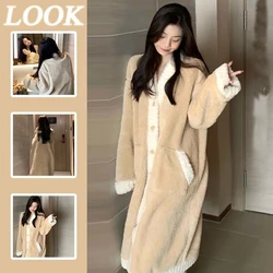 Patchwork Robe for Women Sleepwear Nightdress Winter Night Wears Warm Fleece Pajama One Piece Nightgown Long Sleeve Homewear New