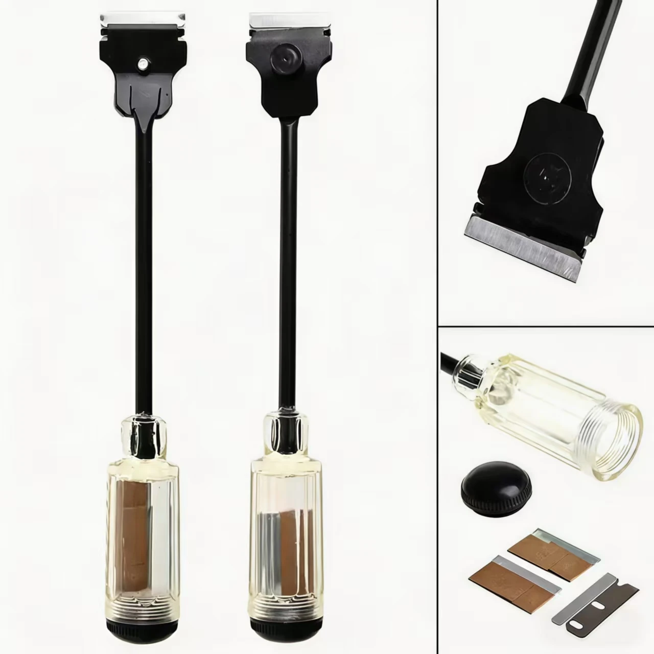 Long Handle Razor Blade Scraper 3 Pcs Replacement 1.5 Inch Blades Carbon Fiber Car Window Tint Glass Glue Sticker Paint Remover