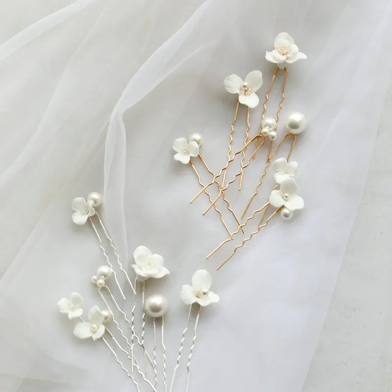 6Pcs/Set Ceramic Flower Bridal Hairpin Tiara Accessories New Arrival Simple Pearl Wedding Headpiece Jewelry For Women