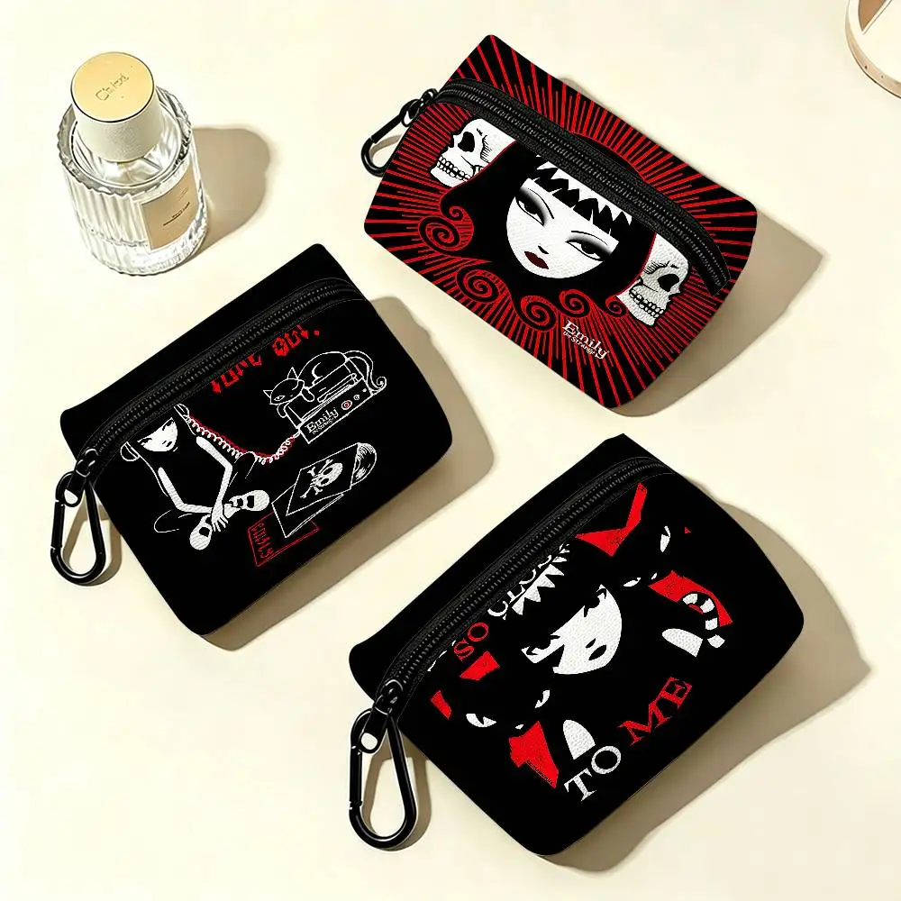 Anime Girl Emily The Strange Compact Oxford Cloth Coin Purse Detachable Carabiner Hook Portable Key Card Organizer Pouch