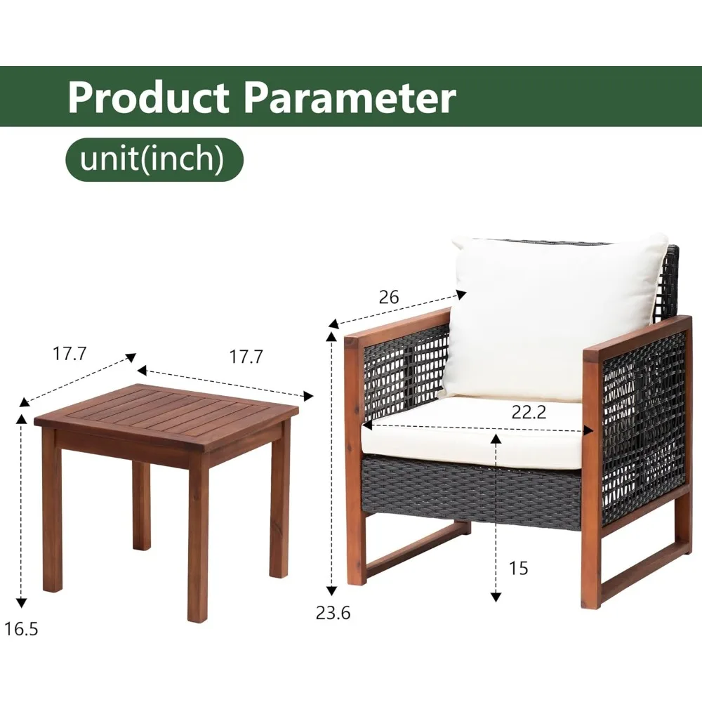 Conjunto de móveis para pátio externo, conjunto moderno de conversa de bistrô de vime com estrutura de madeira de acácia, mesa de centro, almofadas resistentes à água