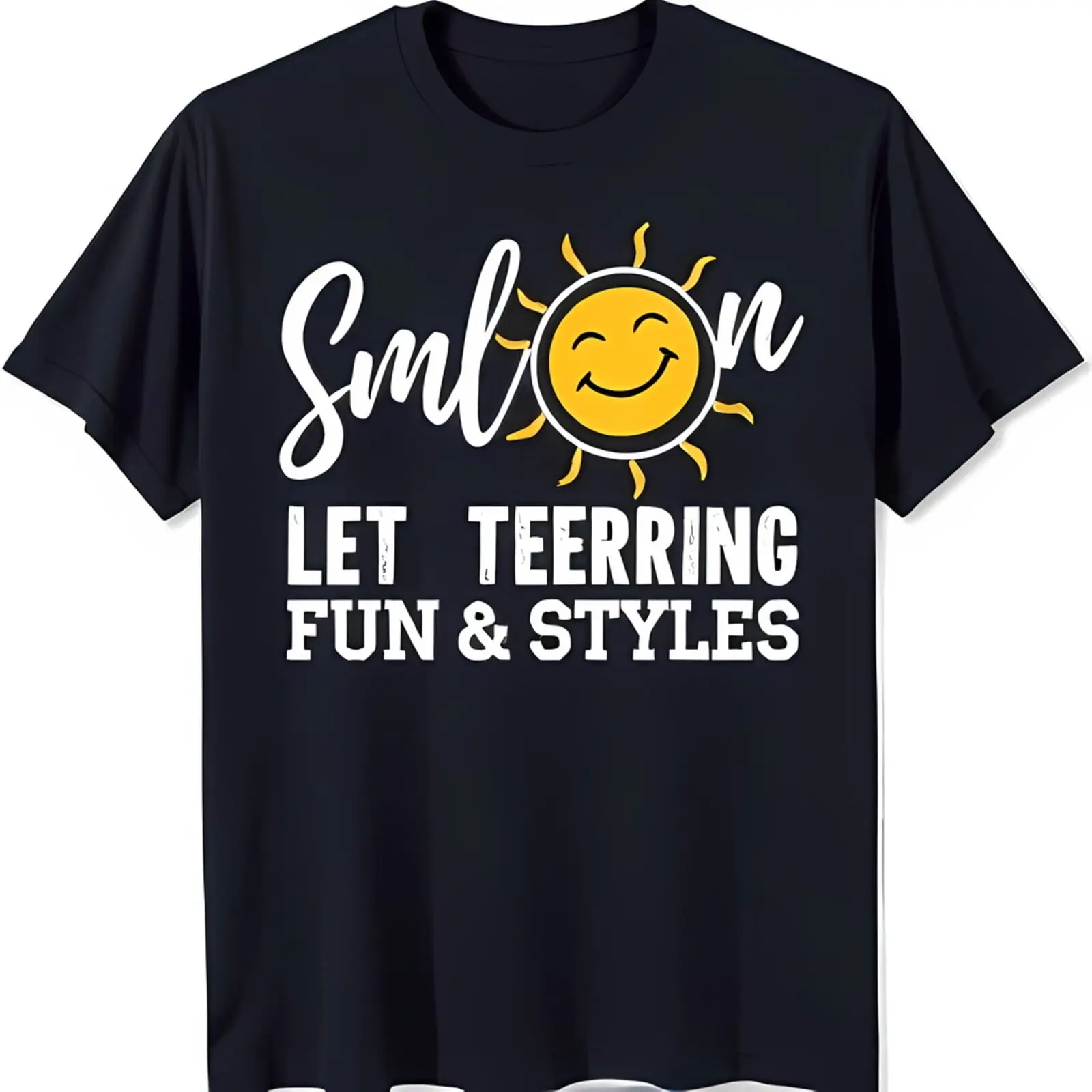 

Stylish Black T-Shirt with Vibrant Sun Graphic and 'Smilon' Text for Fun & Style