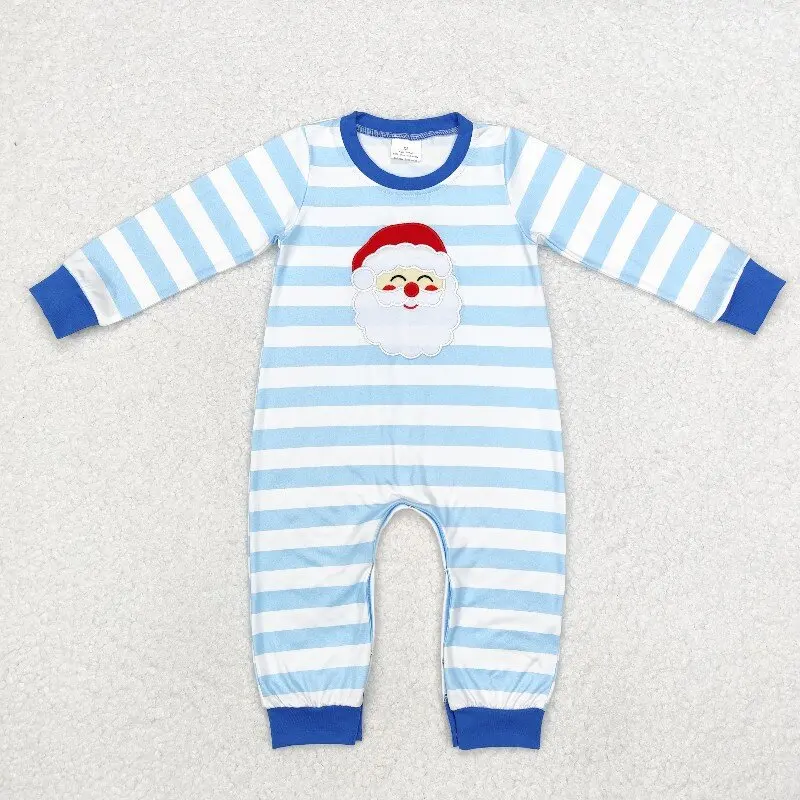 8.19y Christmas baby boys wholesale boutique embroidered Santa Claus blue and white striped long sleeve onesie