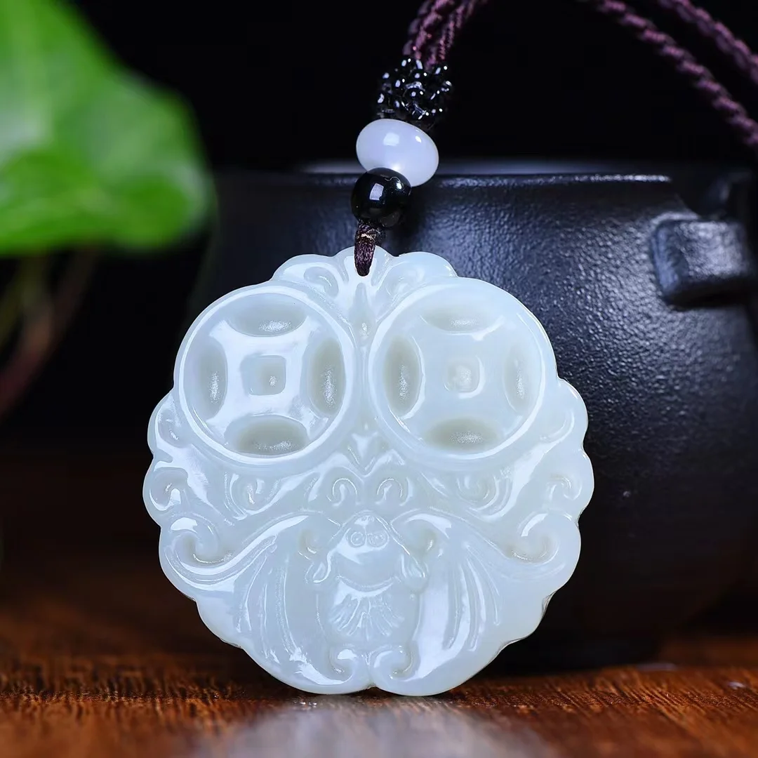 Exquisite Hetian Jade 42*43MM Blessing in Front of Your Eyes Pendant Jewelry 1866#