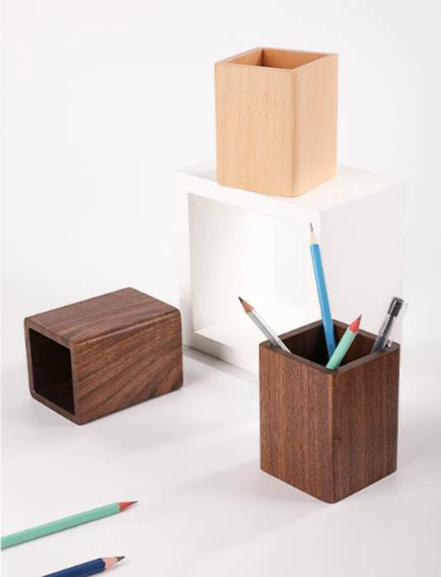 Wooden Stationery Organizer Square Pen Holder Pencil marker ballpoint Walnut Wood Desk Decoration Stationery up Brushes Offices