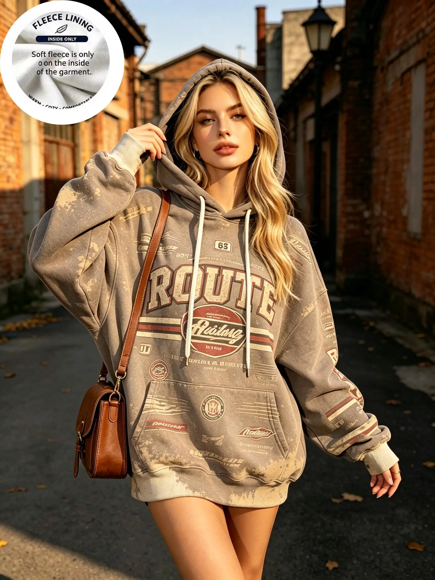 Women Vintage Washed Fleece Hoodie, Retro Racing Route Chopper Motorcycle Letter Print Drawstring Kangaroo Pocket Sweatshirt
