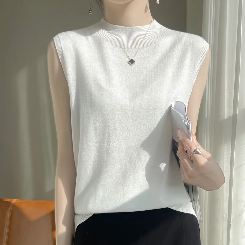 

Elegant Half-High Collar Sleeveless Knit Sweater for Spring/Summer - Versatile Wool Vest Top with Broad Shoulders