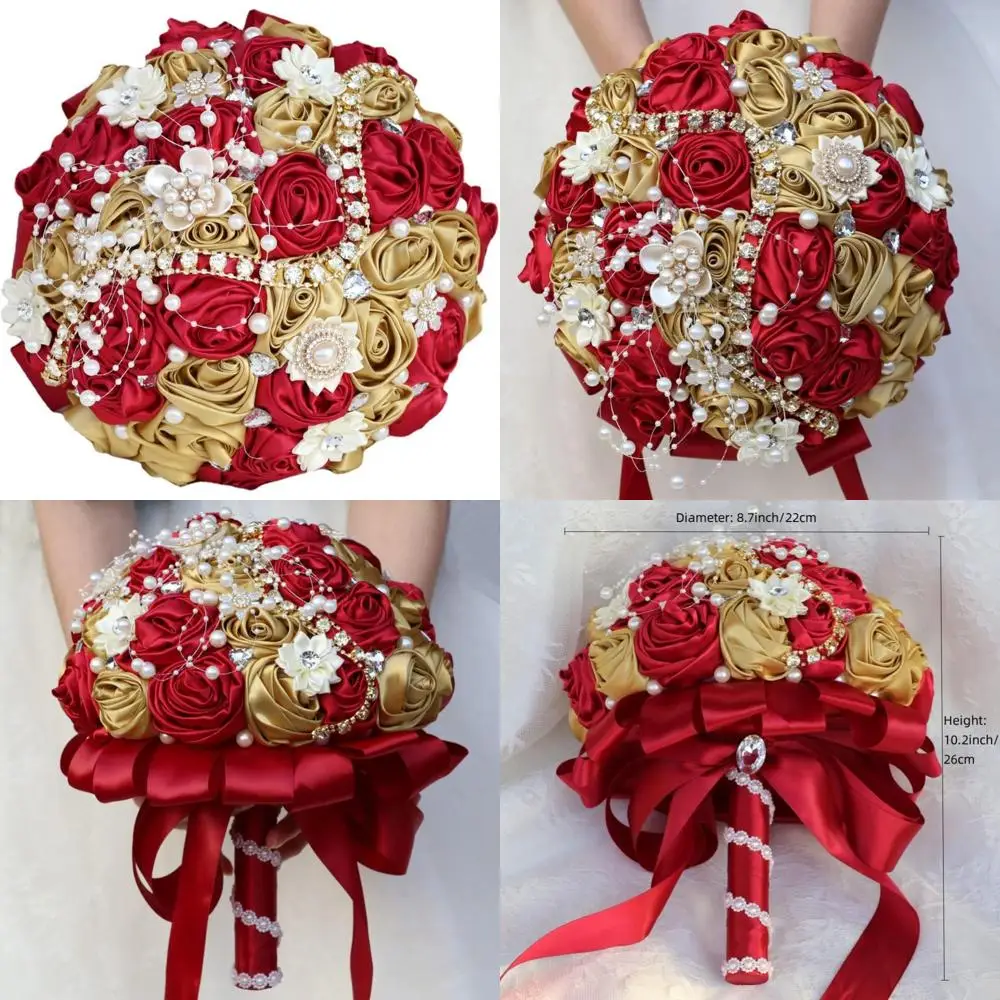 

Elegant Satin Rose Wedding Bouquet with Pearl and Rhinestone Accents for Brides and Bridesmaids, Suitable for Quinceanera Celebr