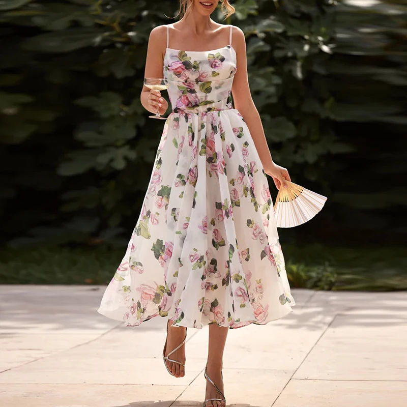 Summer Slash Neck Floral Print Suspender Dress Elegant Sleeveless High Waist Chiffon Dress New Temperament Pleated Evening Dress