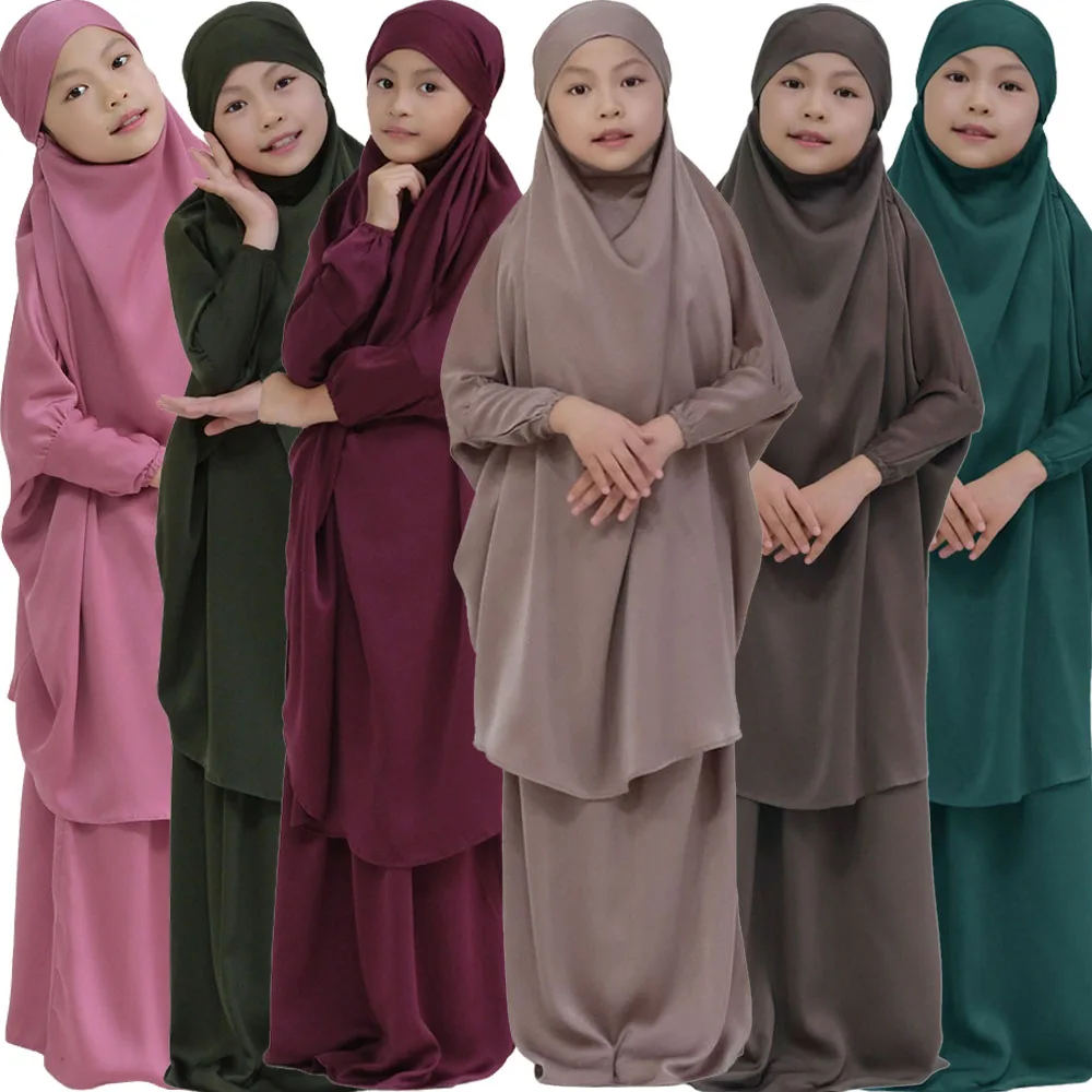 Vestido muçulmano com capuz Hijab para crianças, Eid Prayer Garment, Abaya árabe, conjuntos de saias Khimar, capa completa, Ramadan Islam Robe, Burqa para meninas, Eid