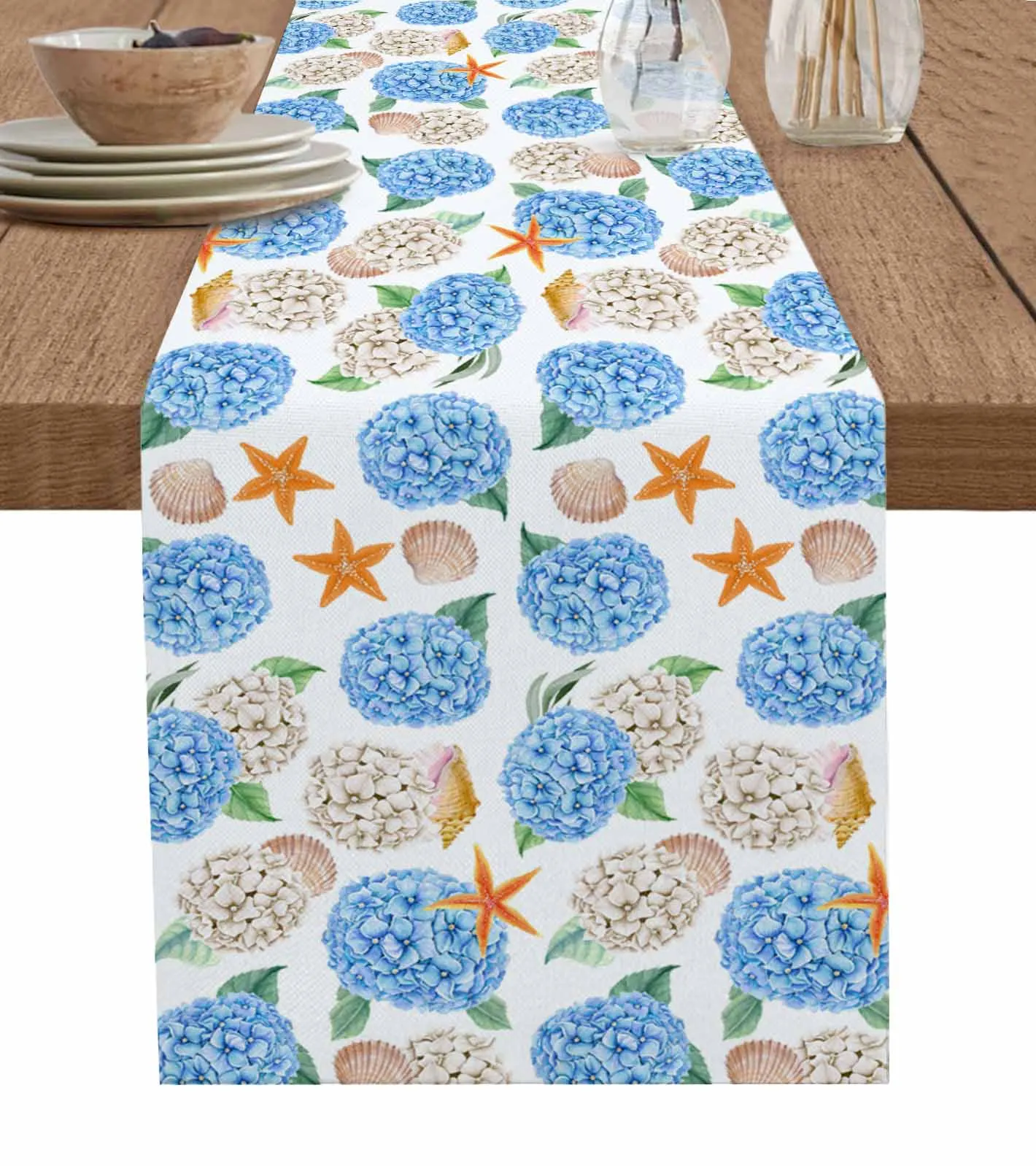 

Watercolor Hydrangea Marine Starfish Shells Table Runner Cotton Linen Wedding Table Decor Tablecloth Kitchen Decor Table Runner