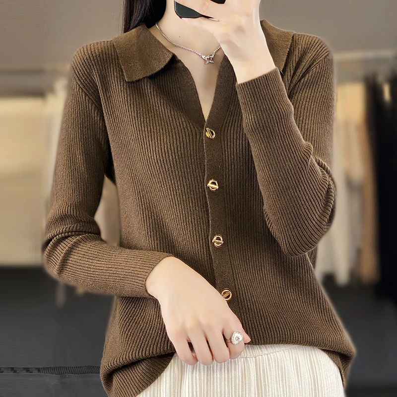 Women Merino Wool Sweater Polo Collar Tailored Cardigan Autumn Winter New Fashion Knitwear Casual Slim Soft Jacket Basic Tops