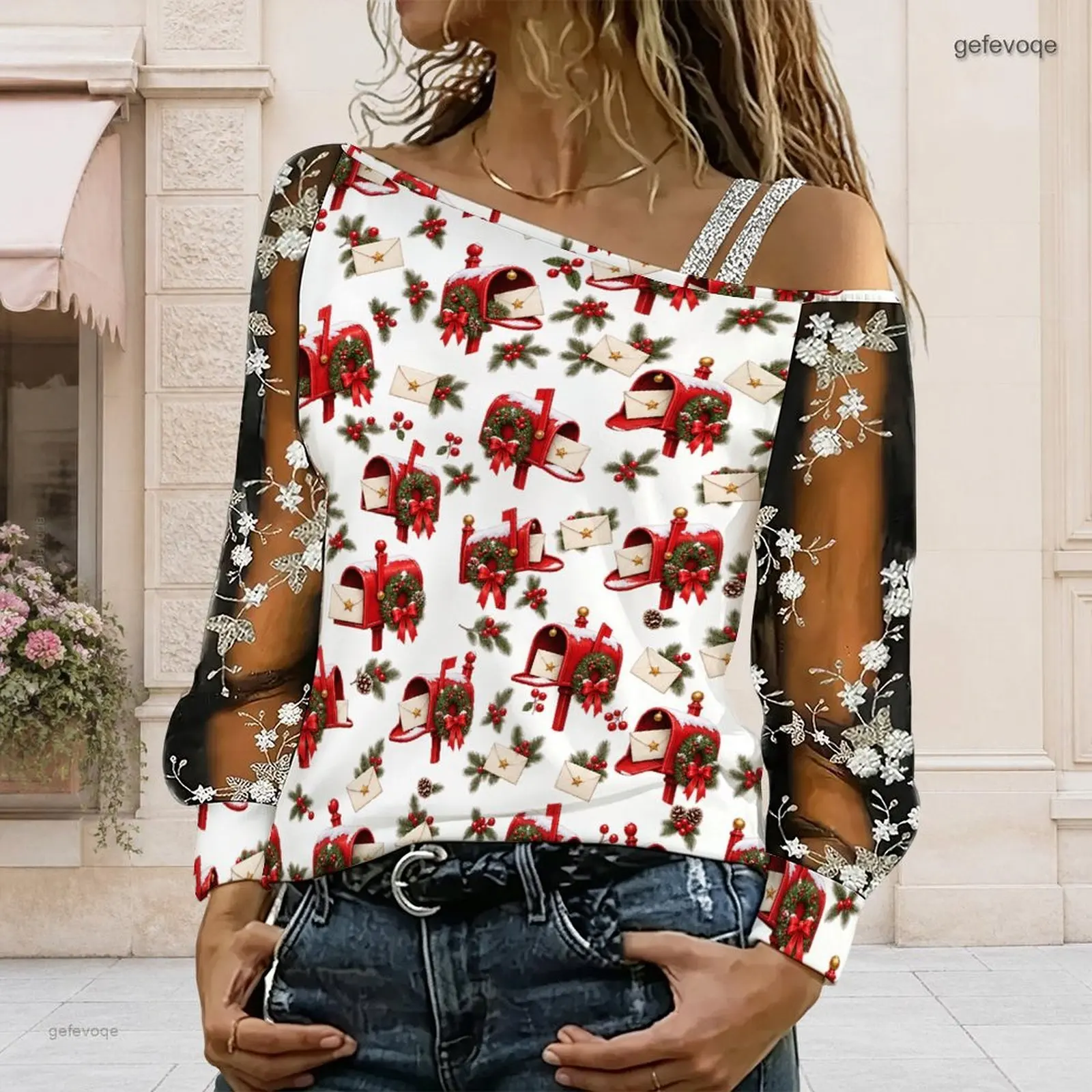 Women Christmas Red Mailbox Holly Envelope Print Asymmetric Cold Shoulder Long Sheer Floral Embroidery Sleeve Top