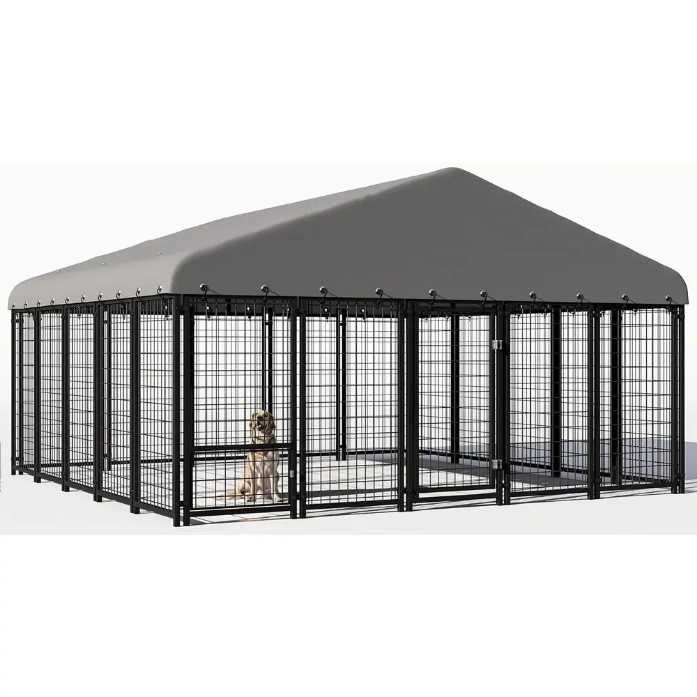 

Large Outdoor Dog Kennel with Feeding Door, Double Lock, Weatherproof Cage, Roof, and Playpen for Big Dogs, Easy Assembly