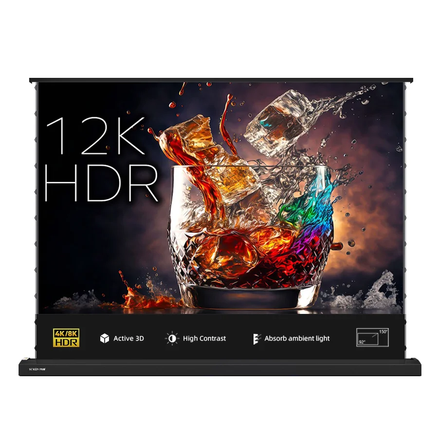 

Electric Floor Rising Rollable ALR Long Throw Projector Screen 150" Max Black Diamond Ambient Light Rejecting Projection 3D 4/8K