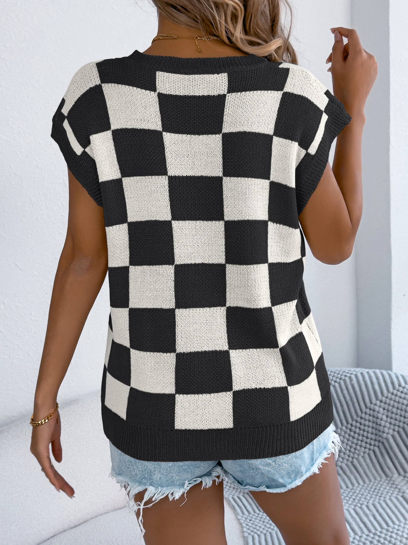 Women's Batwing Sleeve Plaid Pullover Knit Top Color Block Round Neck Beach Cover Up Lightweight Summer Vacation