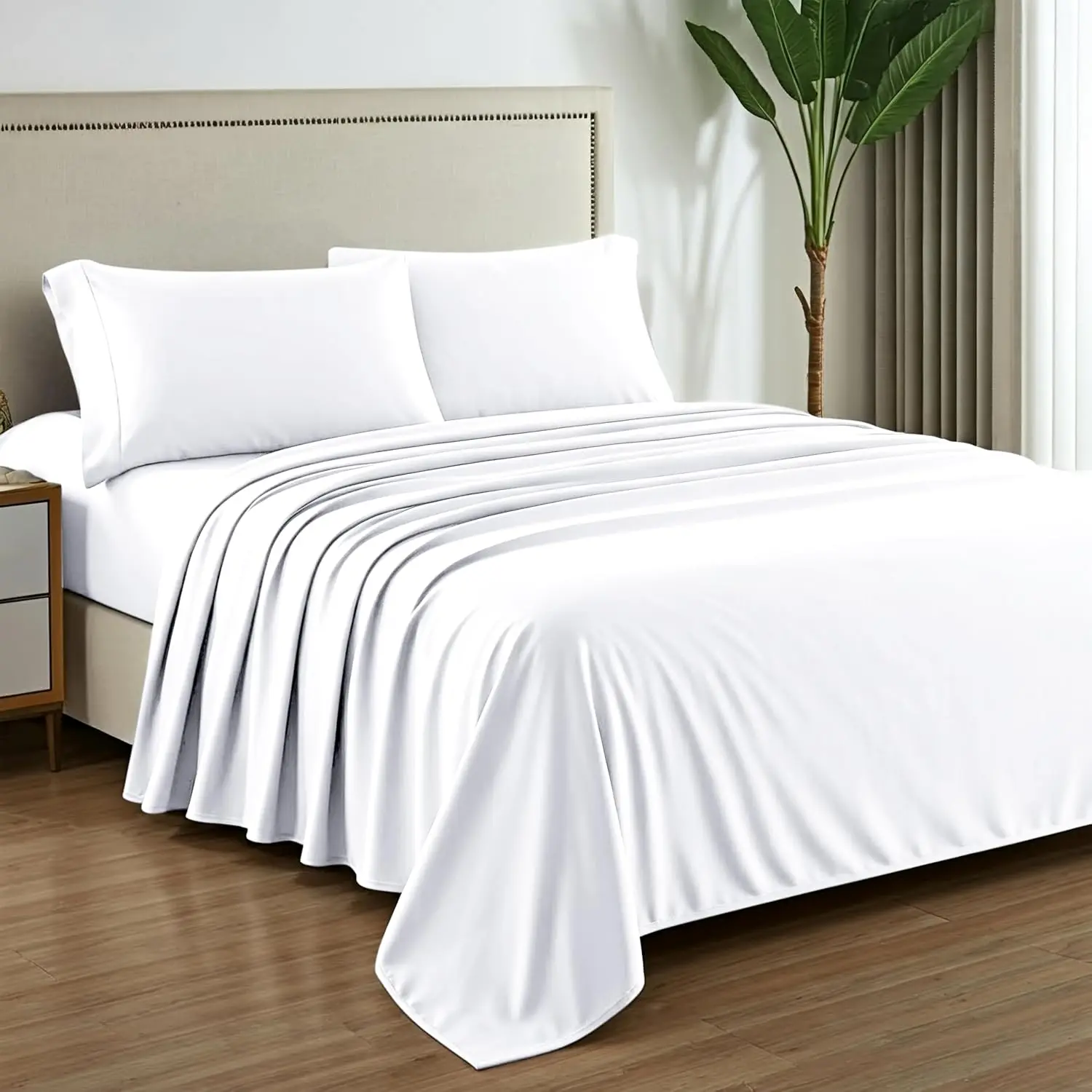Queen Size 100% Egyptian Cotton Sheets, 1000 Thread Count, 4-Piece White Luxury Hotel Bedding Set with Deep Pocket Sateen Weave