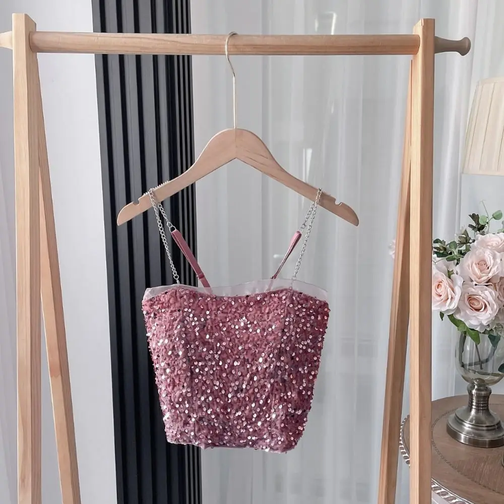 Top corto de moda, chaleco de lentejuelas brillantes, camisa de fondo dulce ostentosa, camisola ajustada sin mangas para fiesta, estilo picante para niña