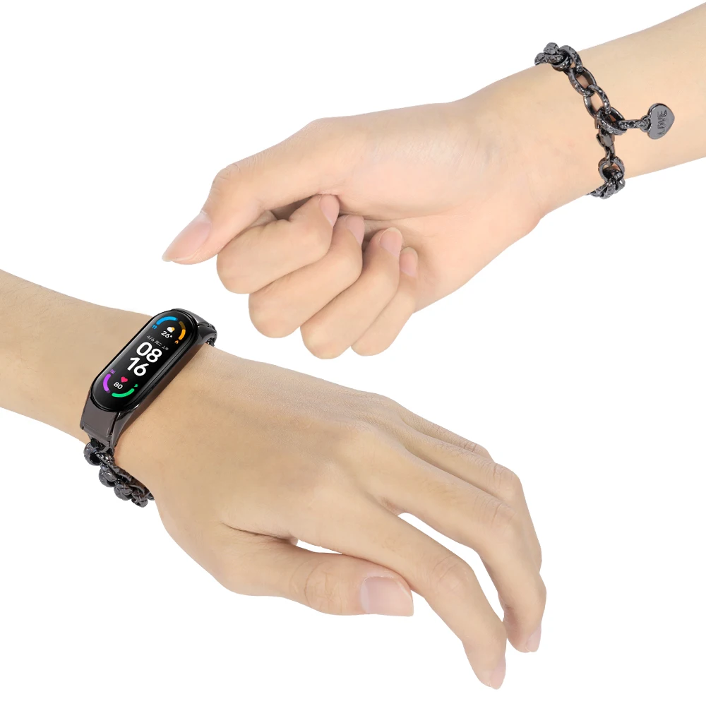 Metal strap For Xiaomi Mi band 7 6 5 4 Correa Women Metal Stainless Steel Heart Pendant Bracelet Wristband For Mi band 7 6 5 4 3