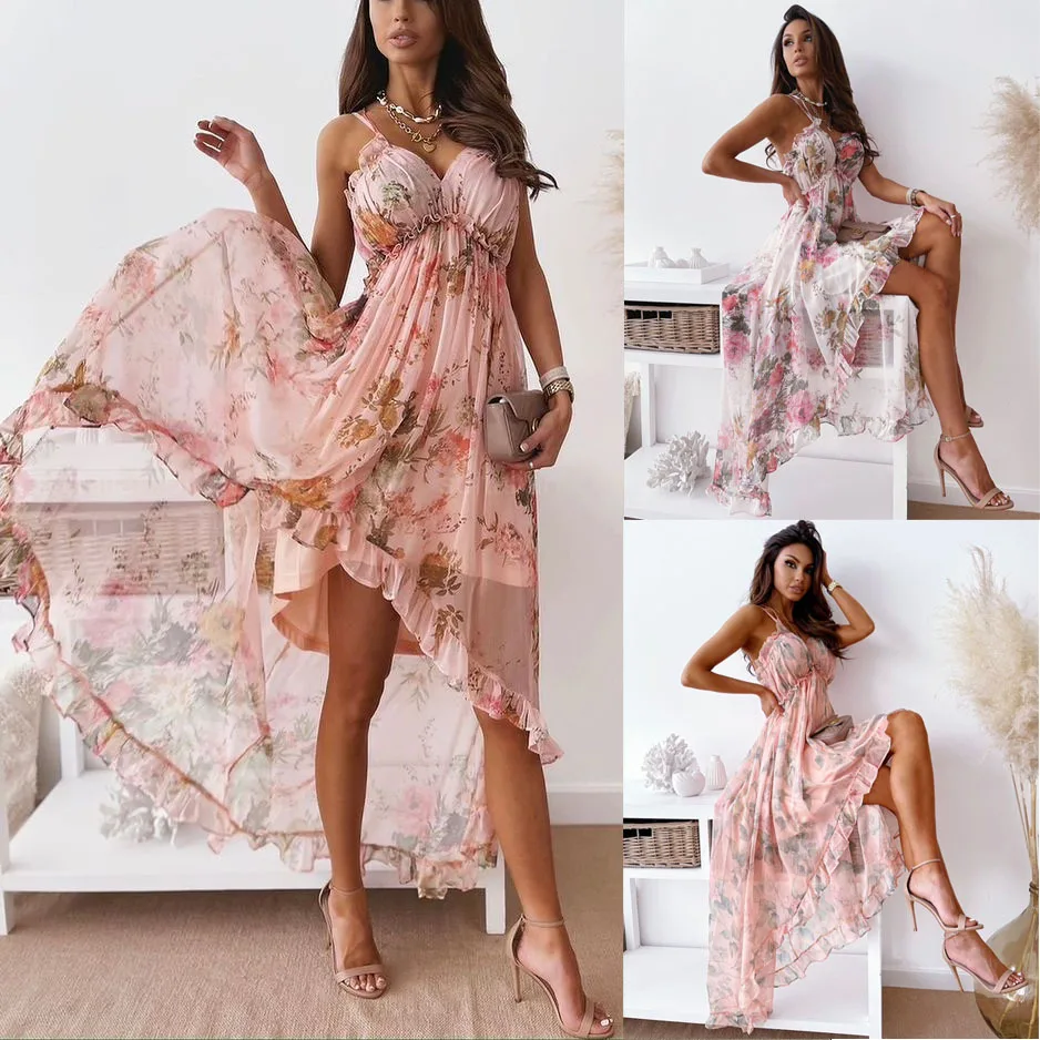 Vestidos de gasa con estampado de flores y tirantes finos para mujer, vestido Sexy con cuello en V y volantes sin espalda, vestido Irregular bohemio para vacaciones en la playa