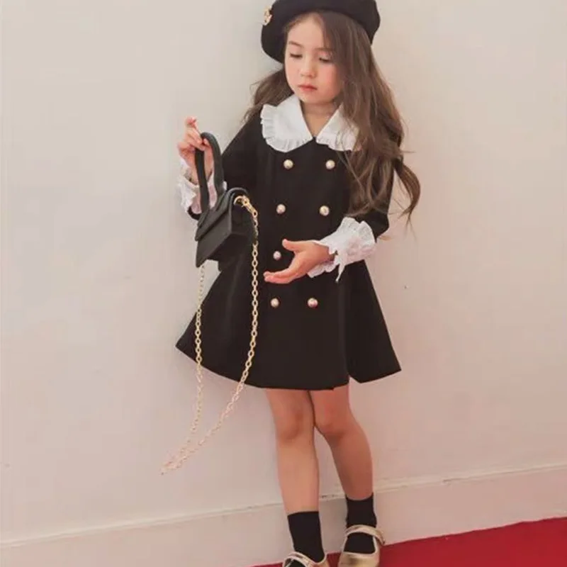 Spring Autumn Girls Fashion Princess Long Sleeve Double-breasted Dress Kids Clothes