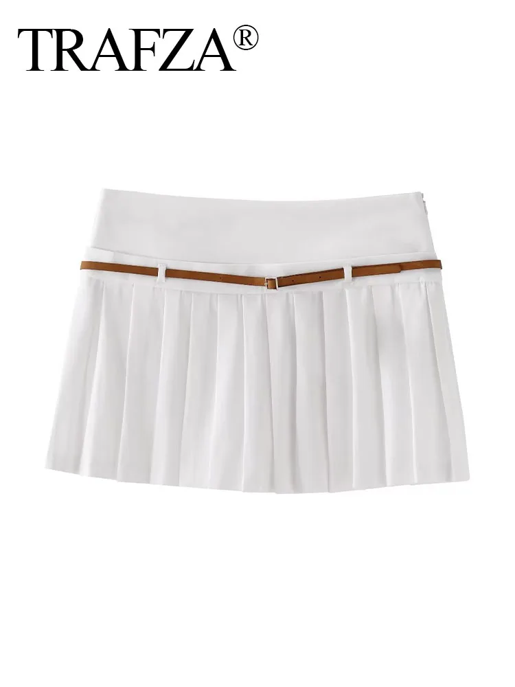 

TRAFZA 2024 Women Elegant Side Zipper Belt Decoration Slim Mini Skirt Shorts Woman Chic Solid Color Pleated Culottes Mujer