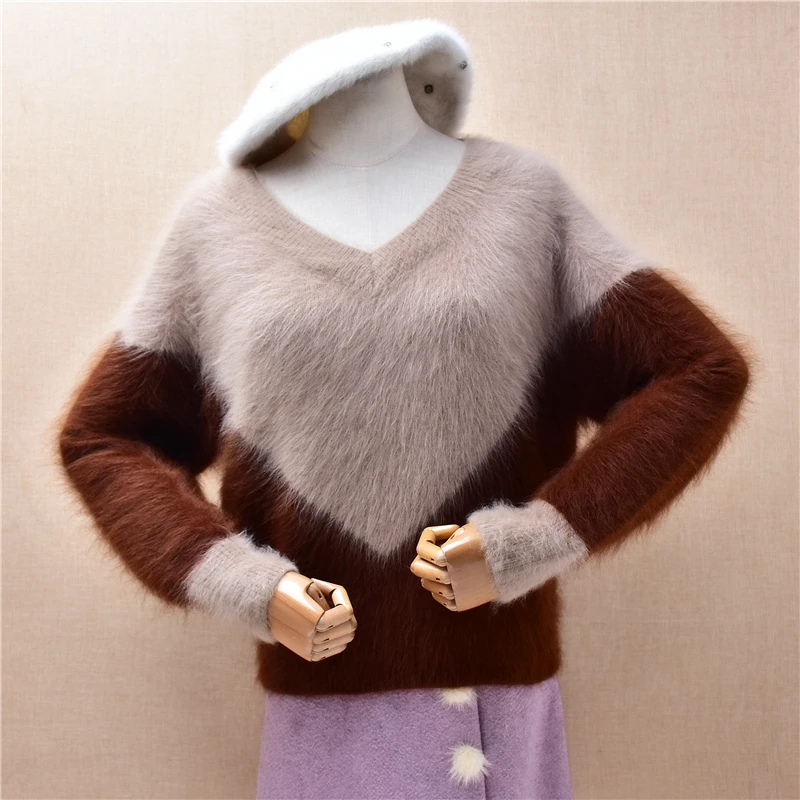 

Женский осенне-зимний цветной норковый кашемировый вязаный пуловер с v-образным вырезом и длинными рукавами, свободный пуловер из ангорского меха, джемпер, свитер