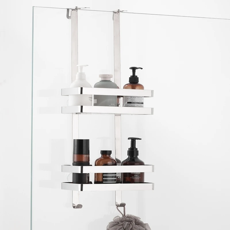 304 Stainless Steel Bathroom Shelf Shower Room Hanging Rack with Double Baskets Ideal for Door Rear Storage Organization