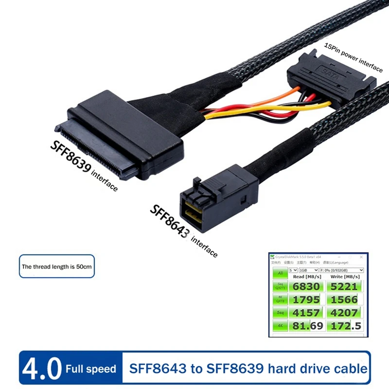 Mini SAS SFF8643 kabel daya U.2 sampai 8639 + 15PIN NVMe kabel koneksi Data Hard Disk SFF8643 ke SFF8639 kabel Hard Disk