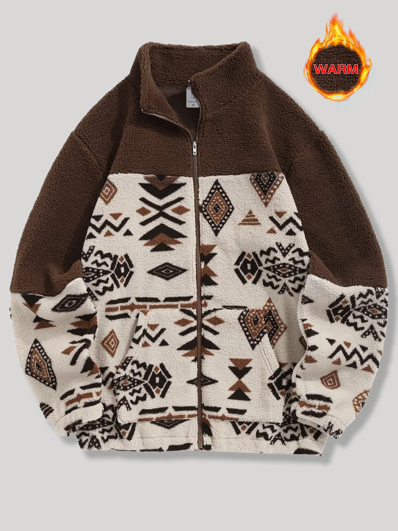 Men's Aztec Ethnic Style Color Block Sherpa Fleece Stand Collar Jacket Winter Thick Warm Fleece Casual Coat