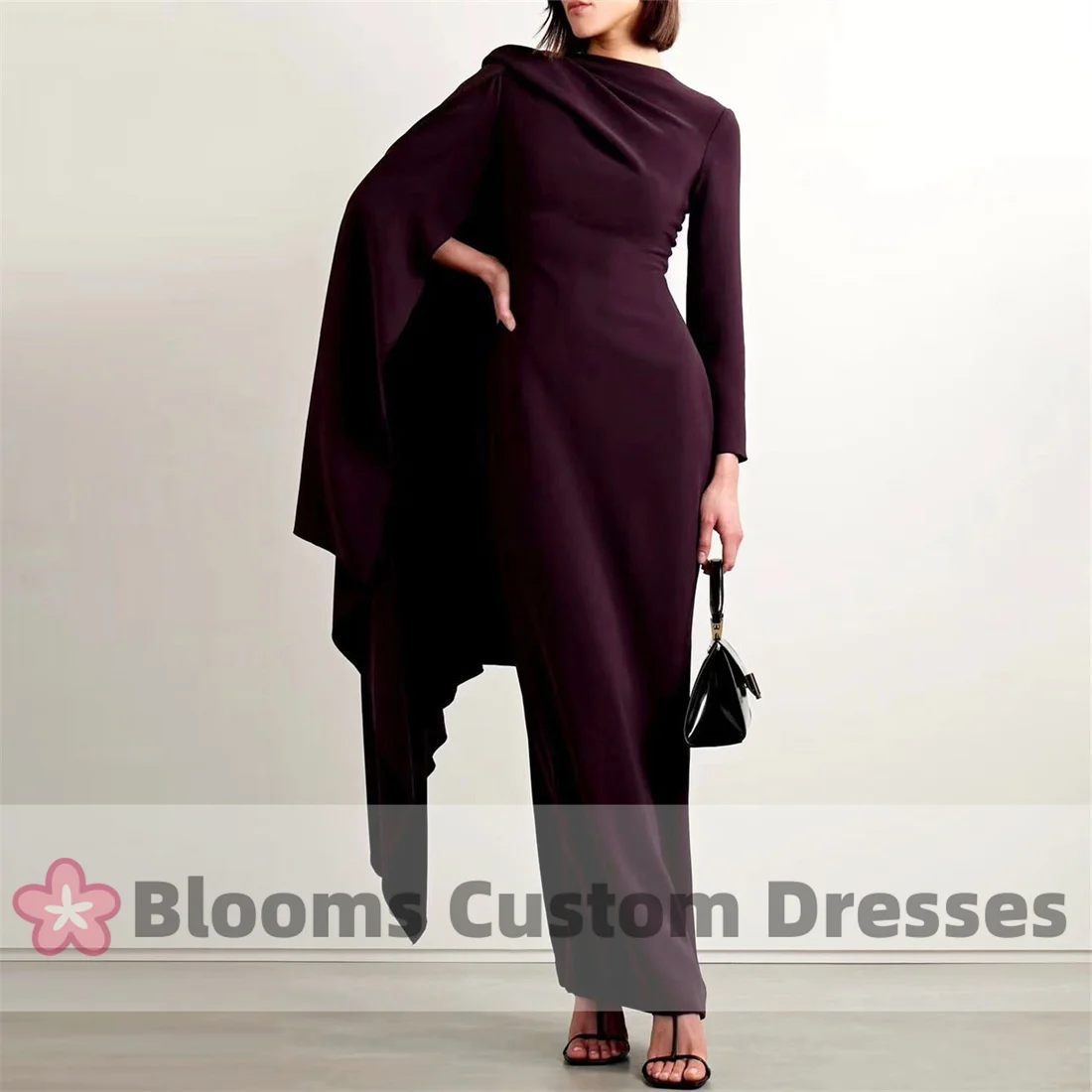 

Blooms Long Sleeves Ruched Elegant Evening Dresses Simple Customize Prom Dress Back Split Party Gown robes invitée mariage