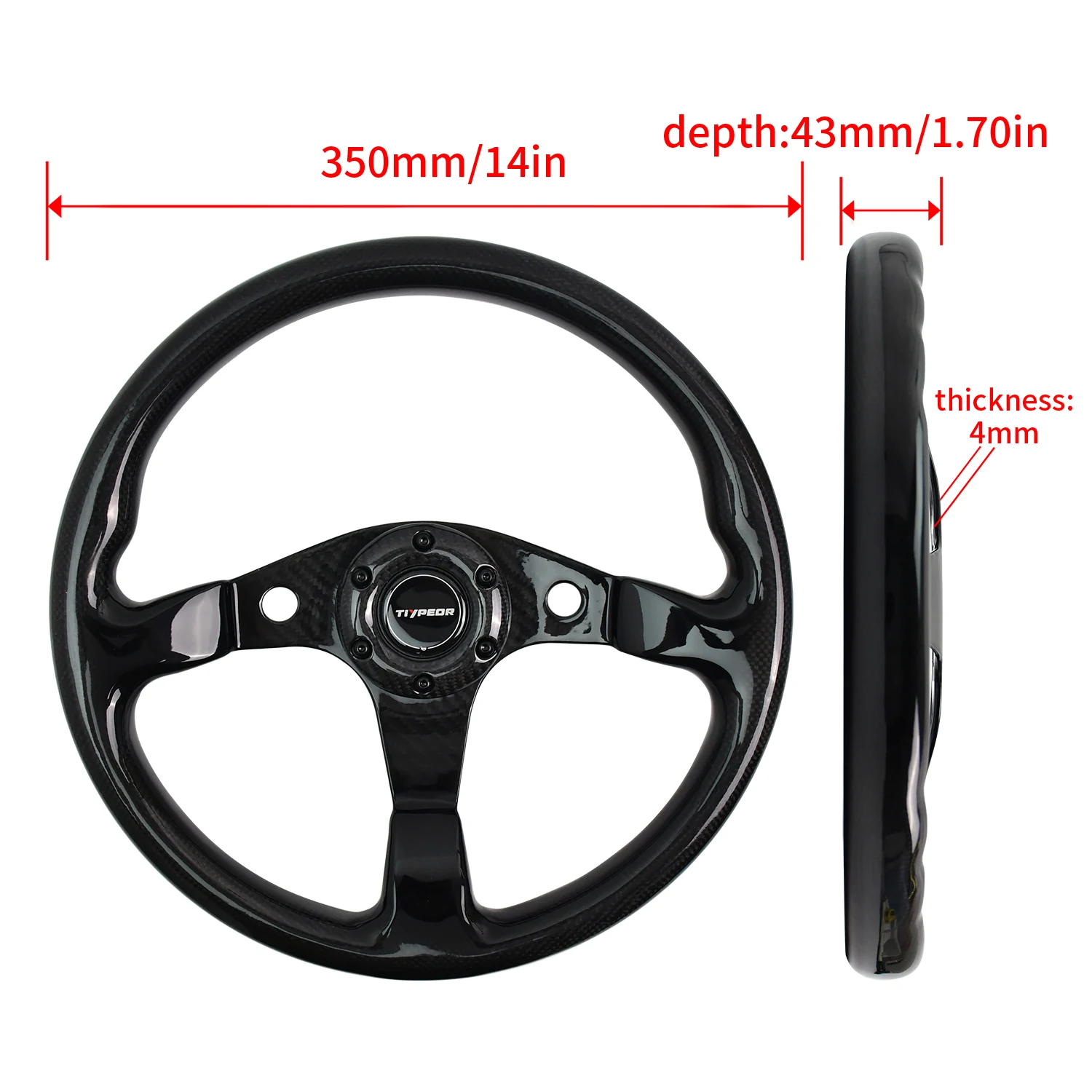 Tiypeor 350mm True Carbon Fiber Pattern Sport Steering Wheel Flat Bracket Racing Steering Wheel
