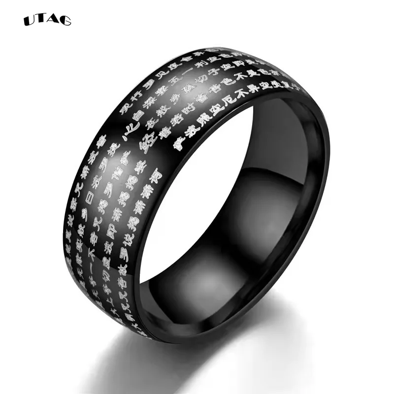 UTAG Ancient Chinese Buddhism Scripture Supernatural Mens Cool Signet Exorcism Rune Rings Stainless Thumb Buddha Ring