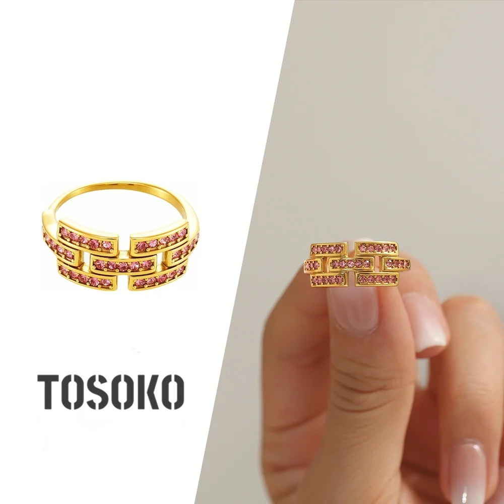TOSOKO Wide Surface Overlay Geometric Colored Zircon Ring Titanium Steel Index Finger Ring A891