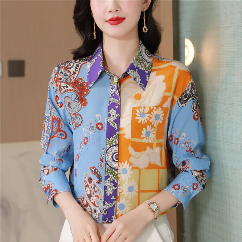 

Women Clothing Unique Silk Print Loose Slimming Long Sleeve Turn-Down Collar Shirt