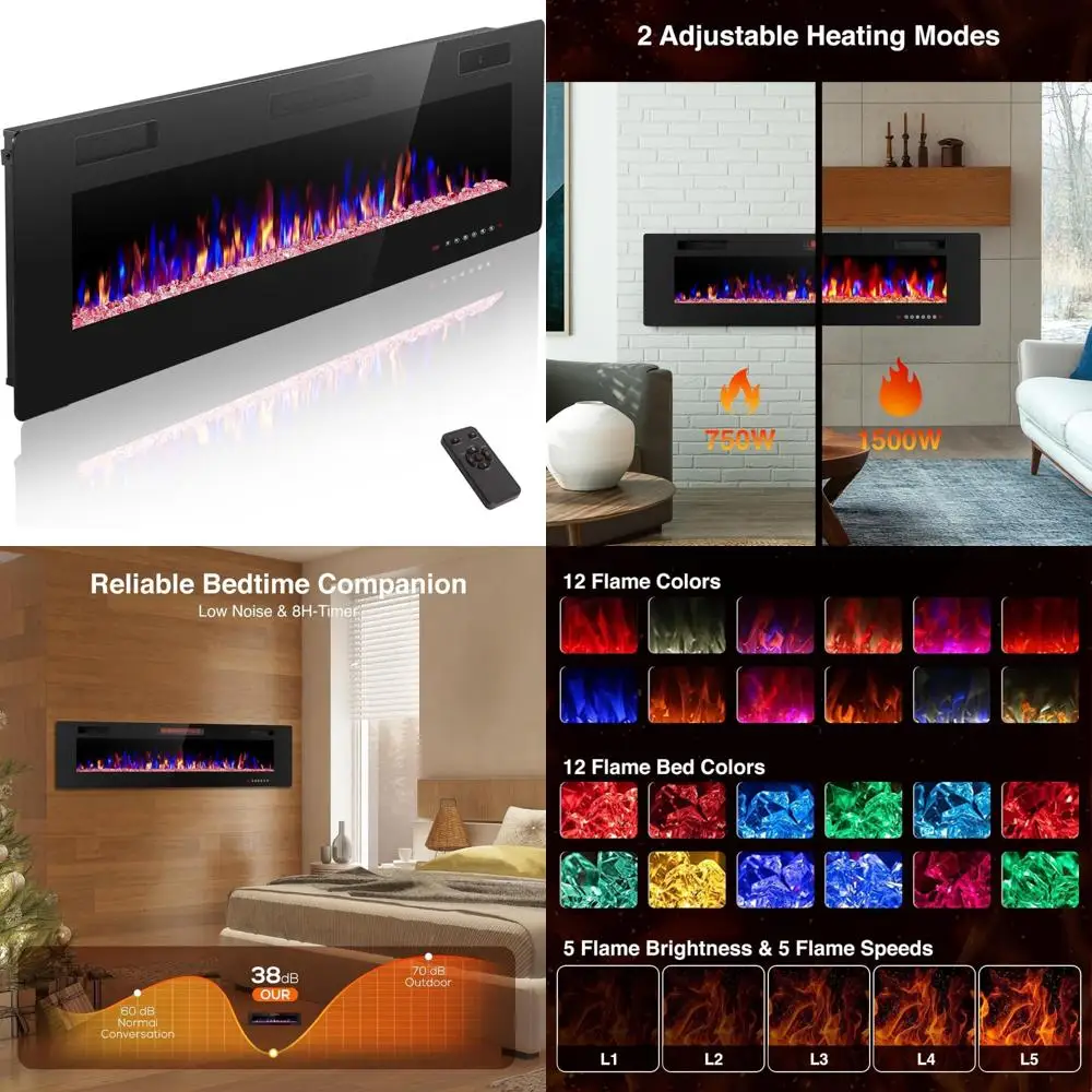 Electric Wall-Mounted Fireplace with Remote, Ultra-Thin Design, Quiet Operation, Adjustable 12-Color Flames, Brightness Settings