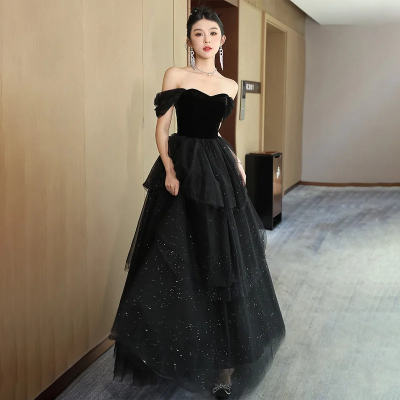 It's Yiiya Evening Dresses Black Velvet Bling Tulle Short Sleeves Tiered A-line Floor Length Plus size Women Party Formal Gowns