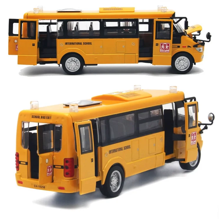 Podwójnie otwarte drzwi Autobus szkolny Autobus szkolny Dźwięk Światło Odbicie Symulacja Aluminiowy model autobusu Chłopiec Prezent B331