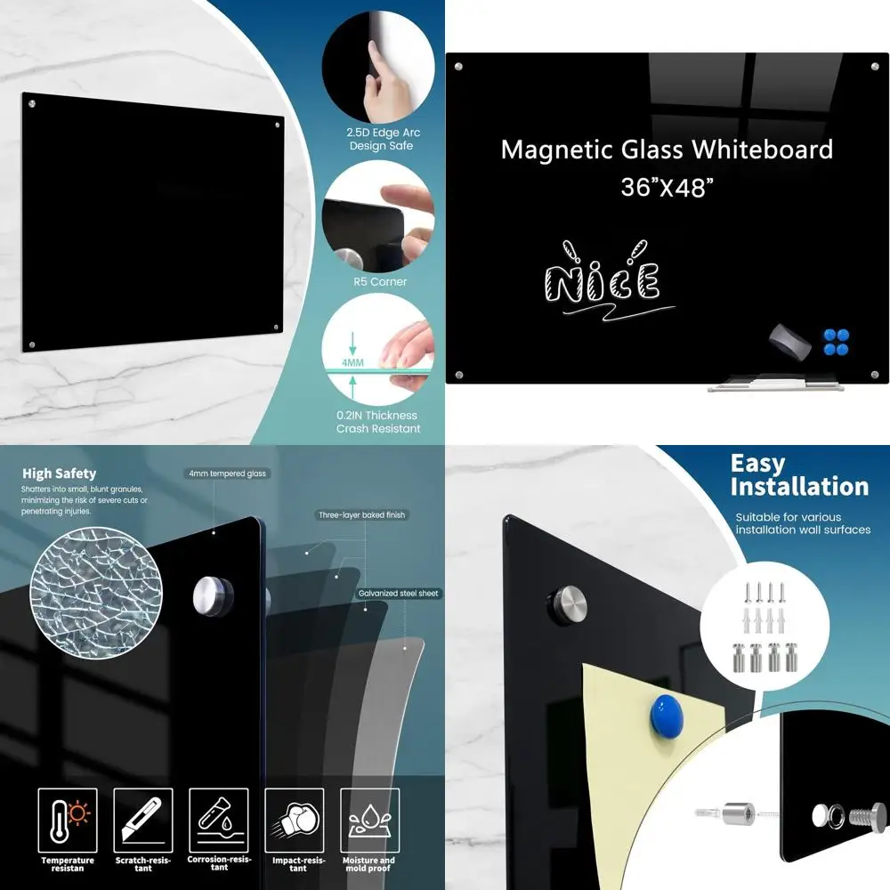 

Large Frameless Glass Whiteboard, Magnetic Dry Erase Board, 48x36 Wall Mountable Board, Black Marker