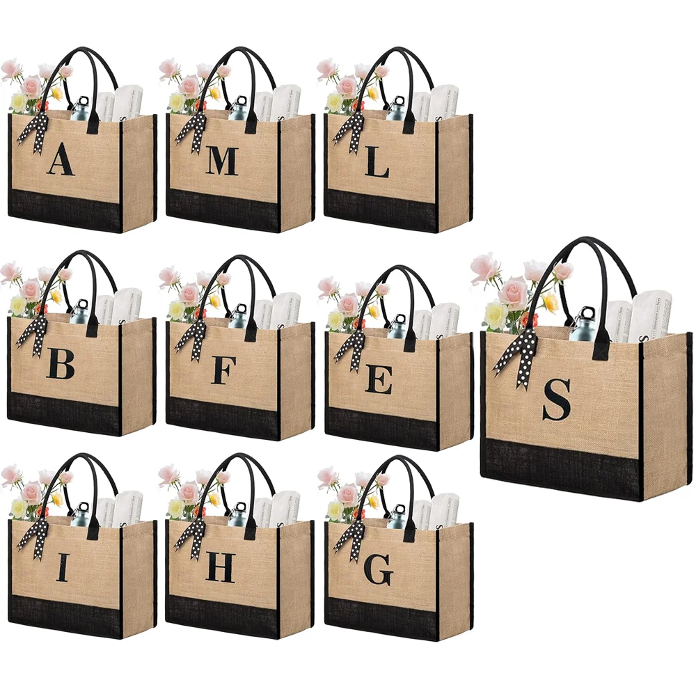 A-Z Initial Monogram Jute Beach Tote Bags Women Birthday Gifts for Mother Wedding Bag for Bridal Honeymoon Gifts Party Supplies