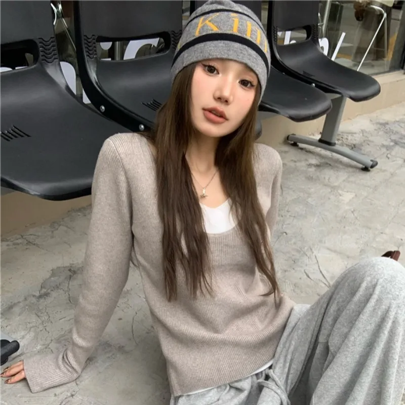 Long Sleeve T-shirts Women Fake Two Pieces Baggy Clothes Fashion All-match Outwear Preppy Youthful Young Lady Tender Ulzzang