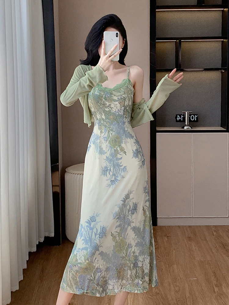 

Fashion Spring Summer Two Piece Set Women Cardigan Short Top + Retro Jacquard Spaghetti Straps Midi Dress Elegant Party Suits