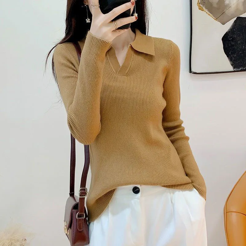 Xpqbb Sweaters for Women Vintage Brown Turndown Collar Knitted Sweater Pullover Female Autumn New Thicken All-match Knit Jumpers