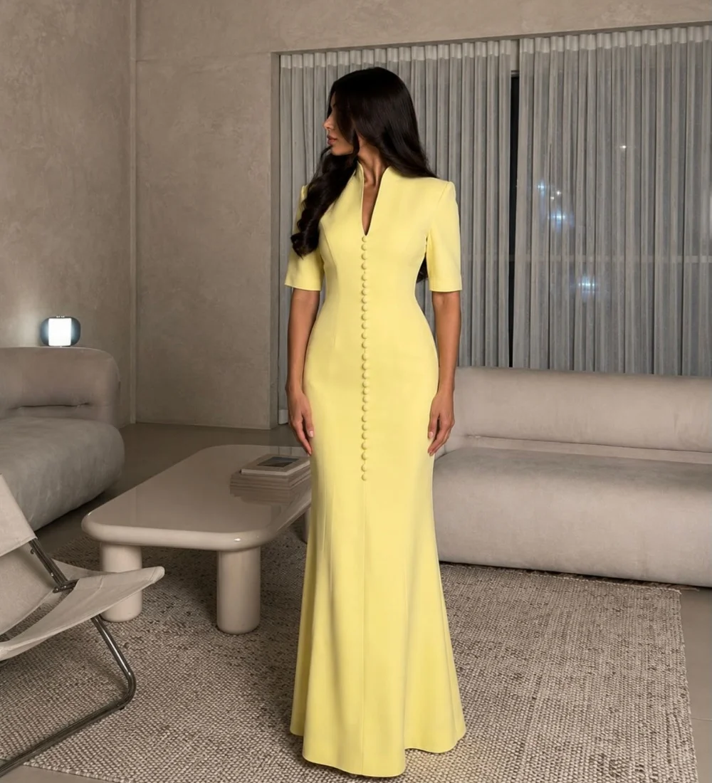 Customized Sizes Available Simple Jersey Button Pleat Mermaid V-neck Floor-Length Evening Dresses For Birthday Party