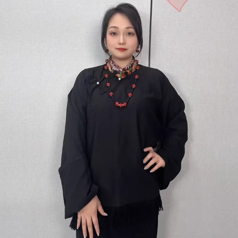 Camisa con botones y borlas de primavera y verano para mujer de estilo tibetano chino